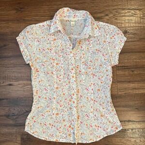 Vintage Y2K Bluenotes White Floral Short‎ Sleeve Button Up Floral Blouse Fairy